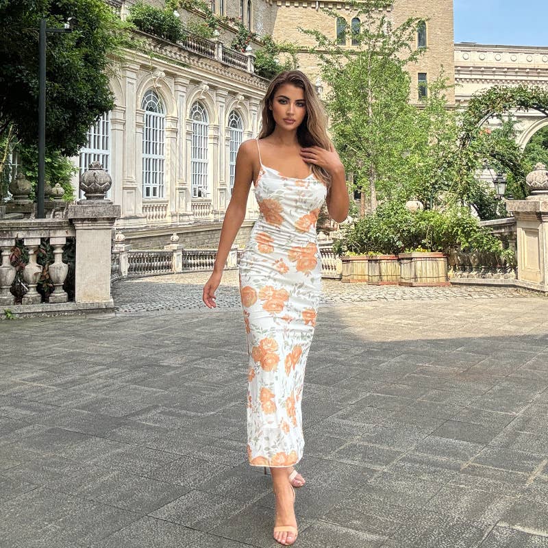 Printed strappy slimming dress cover the buttocks