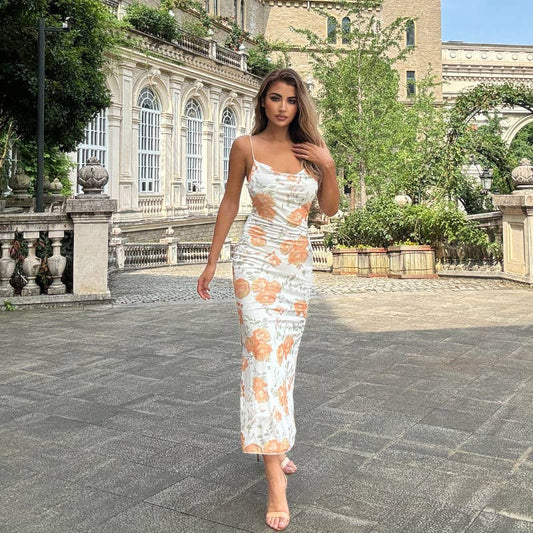 Printed strappy slimming dress cover the buttocks