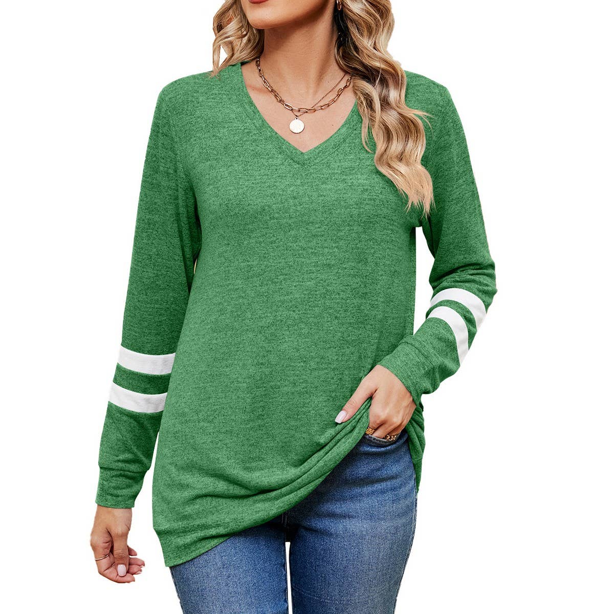 V-neck printed long-sleeved casual top T-shirt