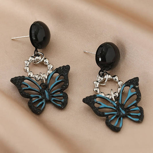 BUTTERFLY PAINTING OIL BLACK HOLLOW EARRINGS_CWAJE2448
