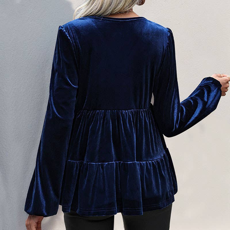 STYLISH VELVET PULLOVER WITH RUFFLED V-NECK