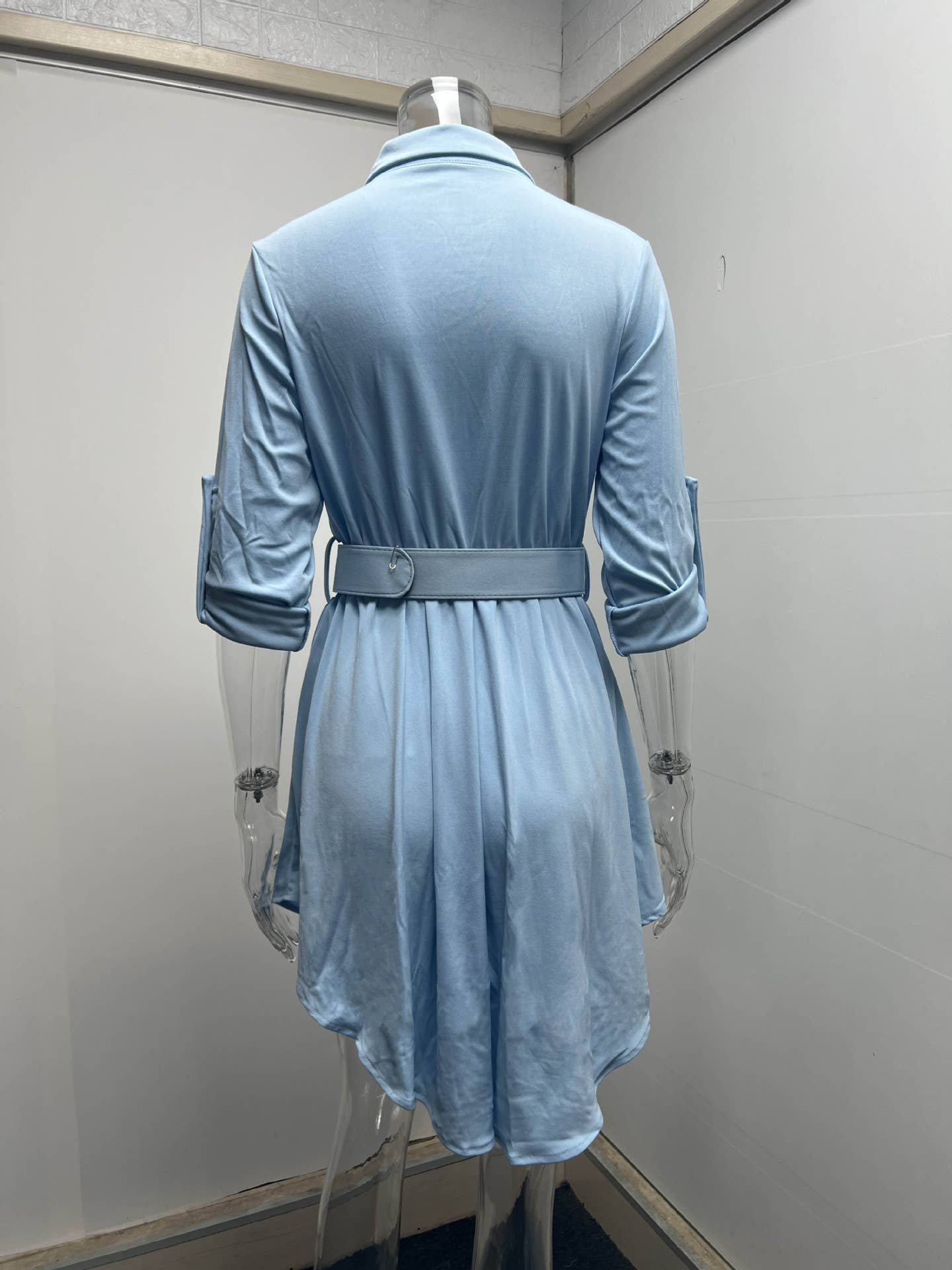 Rolled-up sleeves cinched waist shirt dress