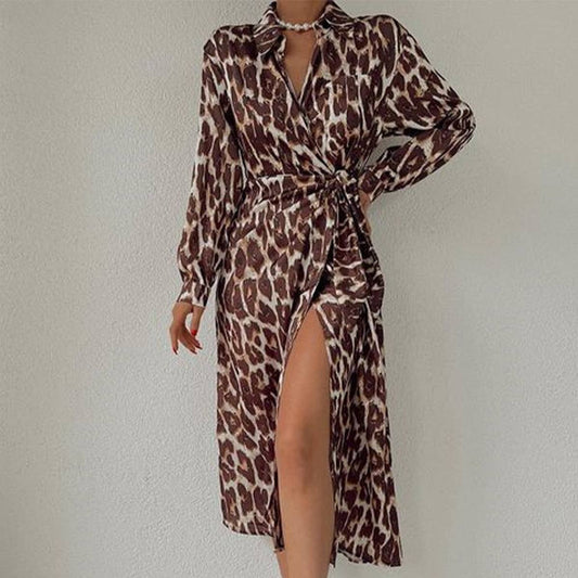 LEOPARD PRINT LONG-SLEEVED CASUAL LACE-UP DRESS