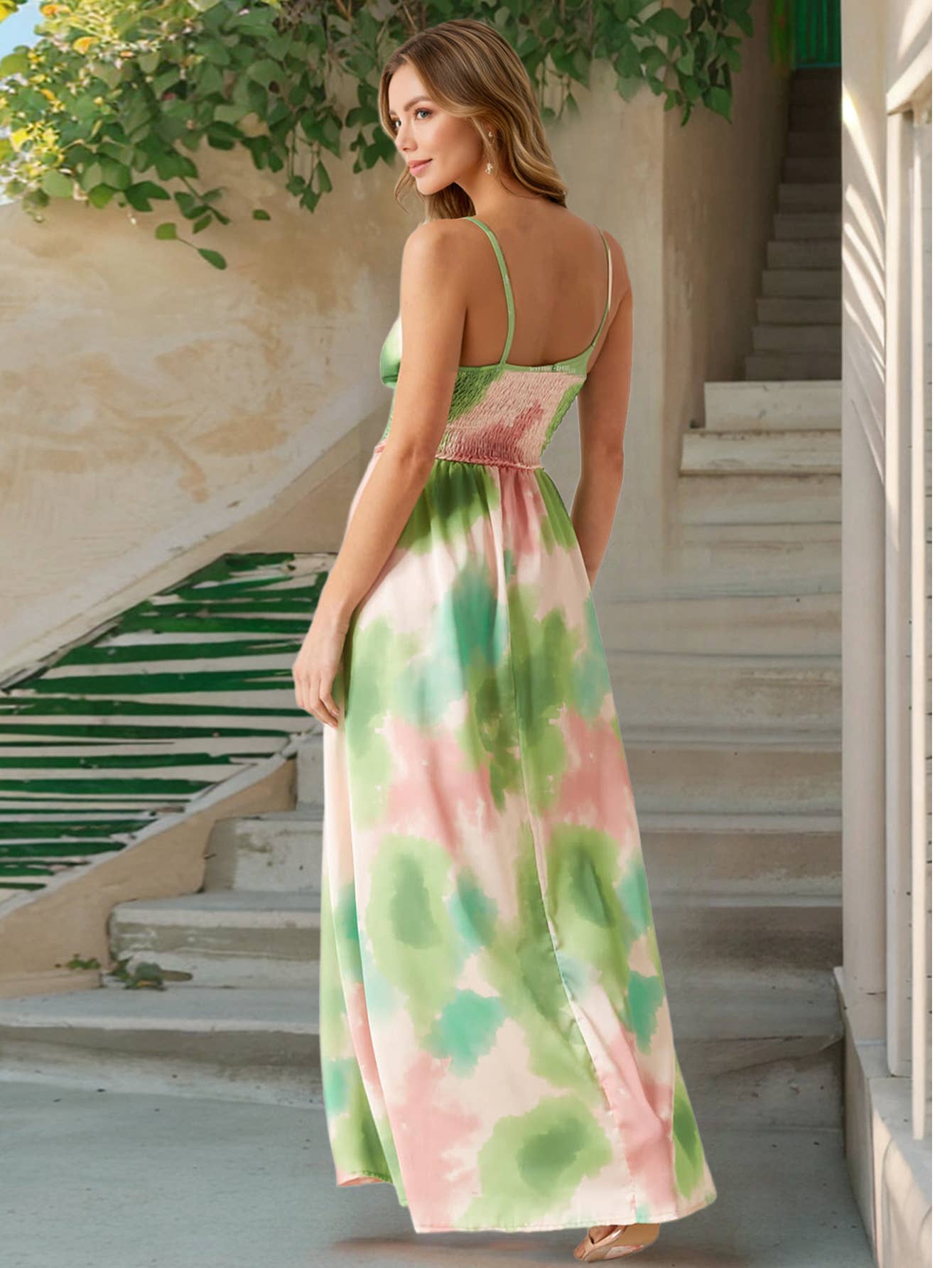 Waist-Cinched Bohemian V-Neck Print Maxi Dress