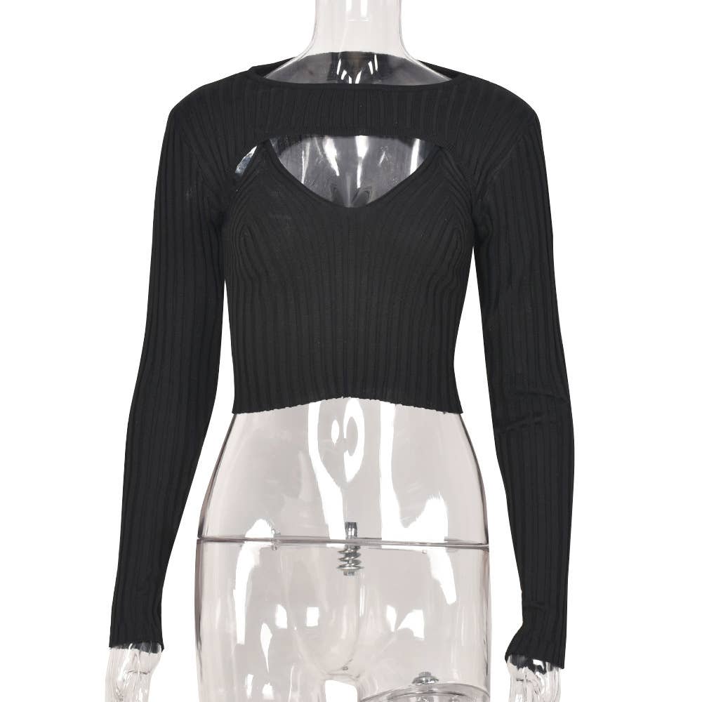 Hollowed-out solid-color long-sleeved sweater