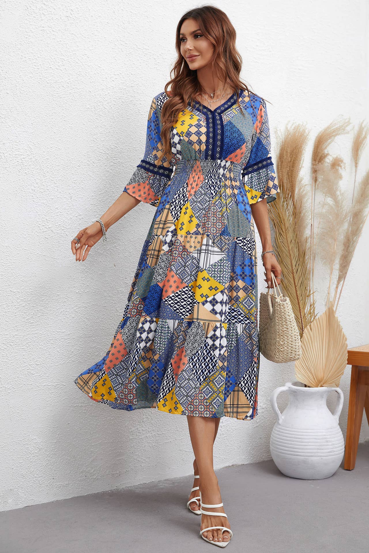 ETHNIC STYLE PRINT PLAID FASHION LONG DRESS