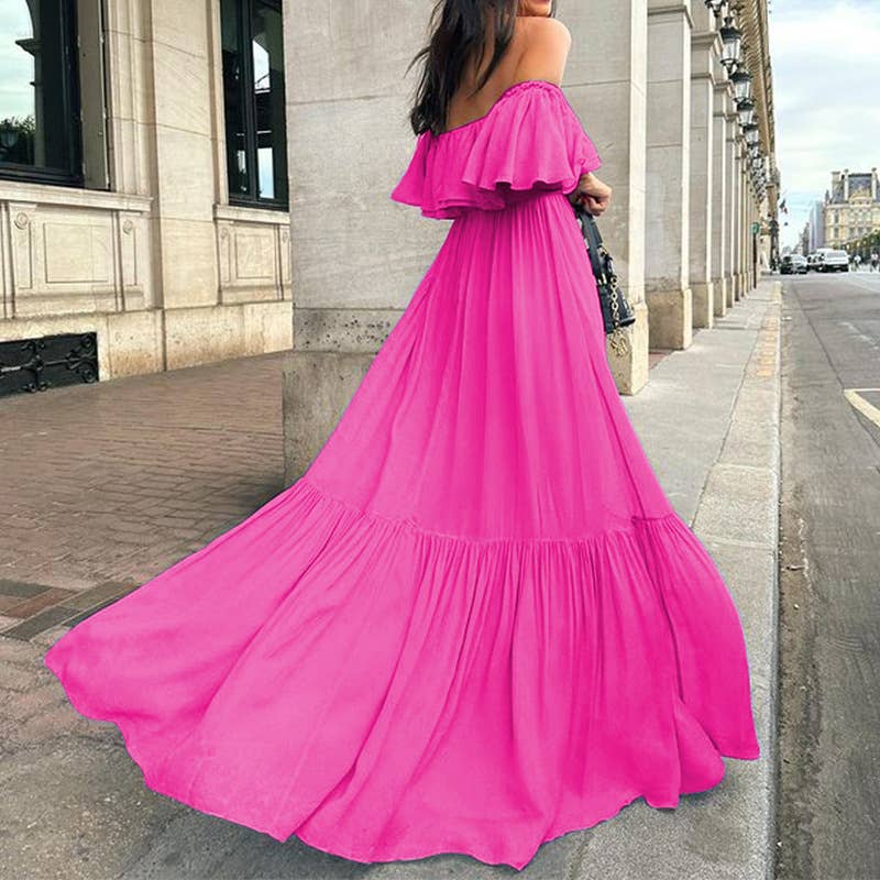 SOLID COLOR ONE-LINE SHOULDER-TOP LONG DRESS