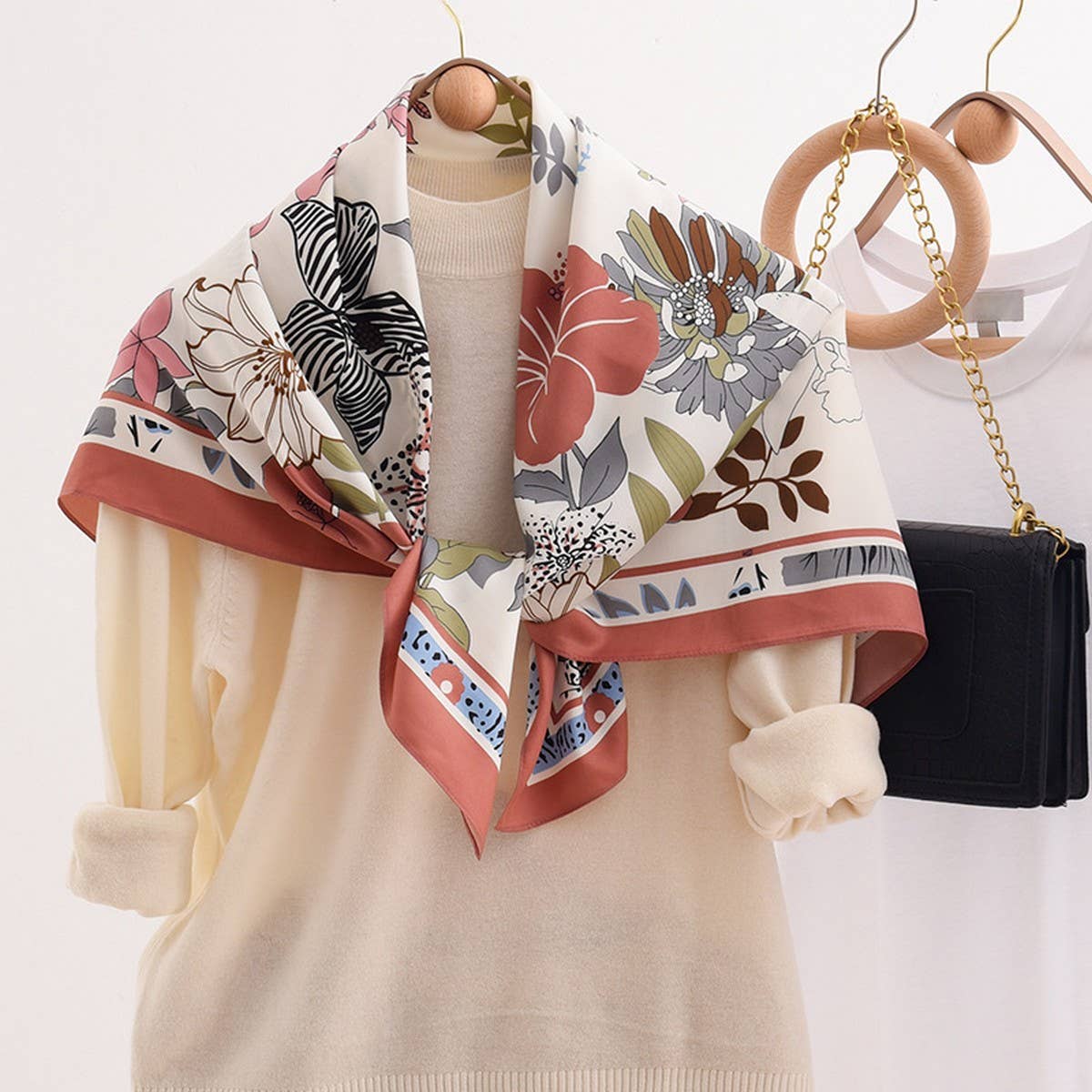 FLORAL PATTERN LARGE SQUARE SILK FEELING SCARF