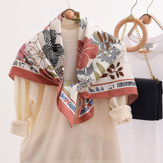 FLORAL PATTERN LARGE SQUARE SILK FEELING SCARF
