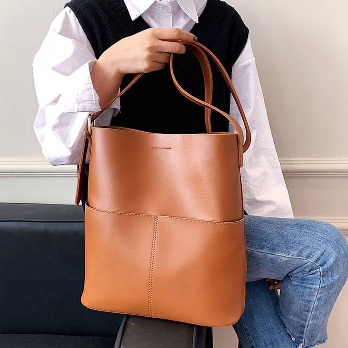 CWAB4829_SIMPLE LARGE CAPACITY BUCKET SHOULDER BAG