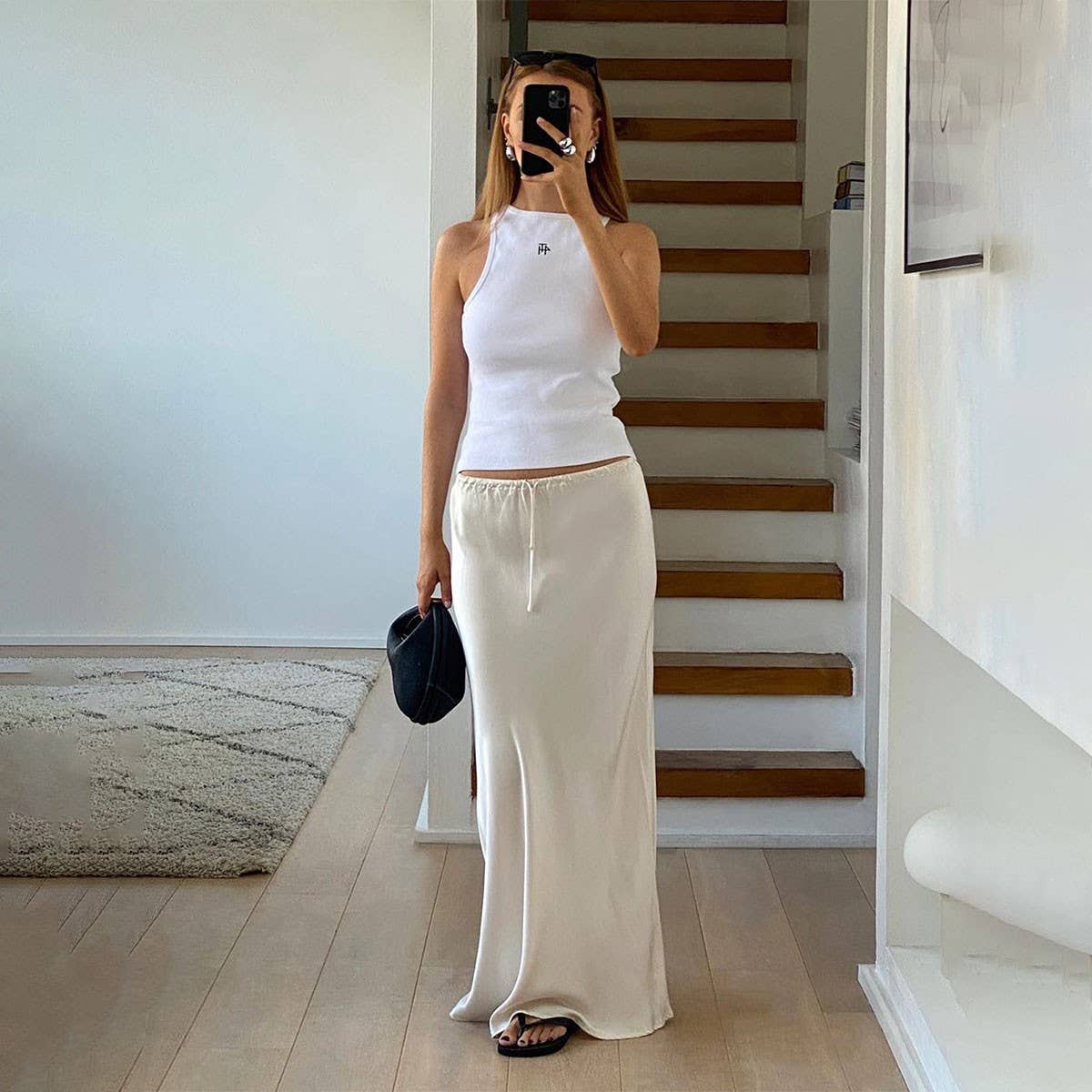 SATIN LONG SKIRT HIGH WAIST DRAWSTRING SKIRT_CWAB4792