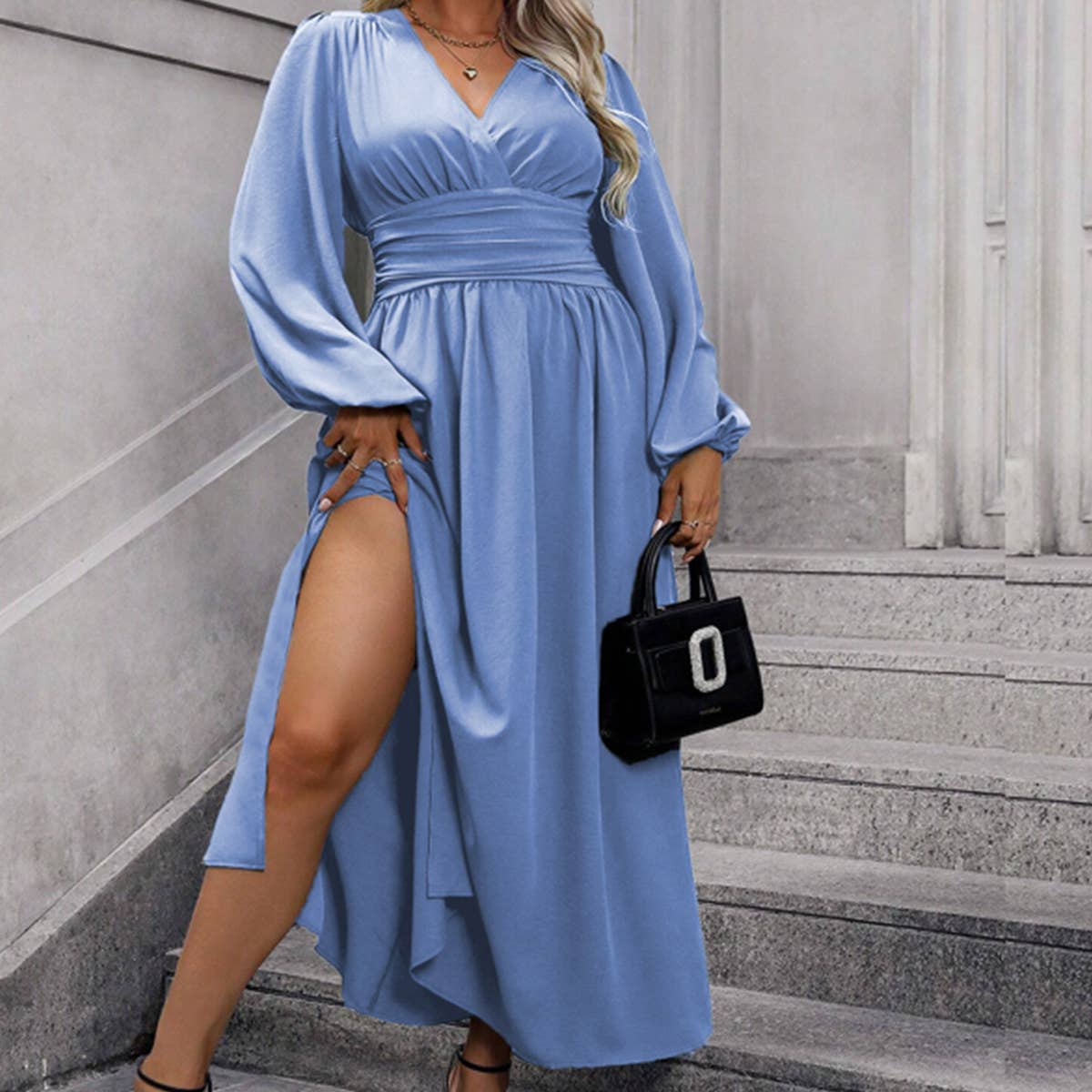Sexy V-Neck Waist Cinched Long Sleeve Dress
