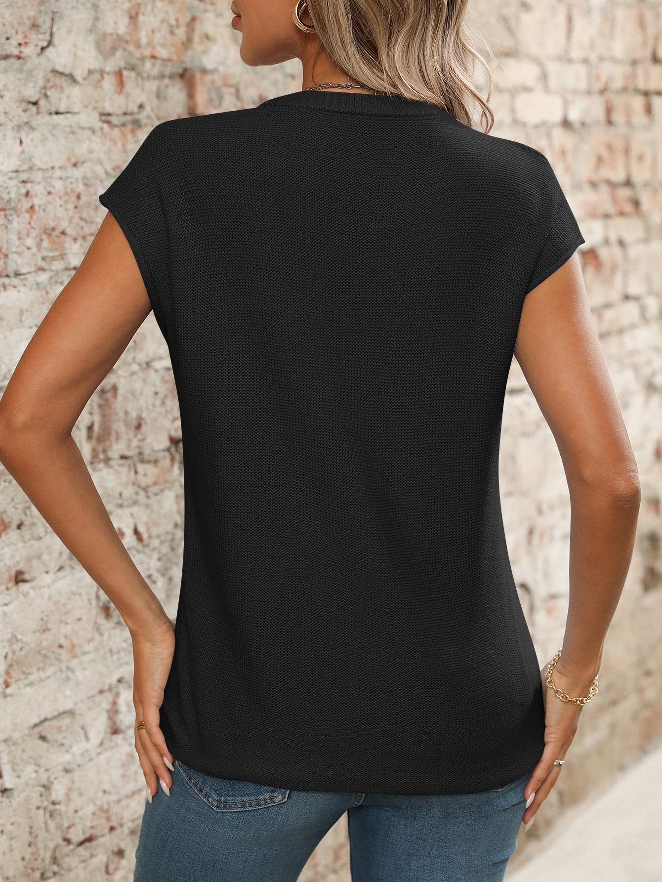 V-neck solid color knitted translucent sweater