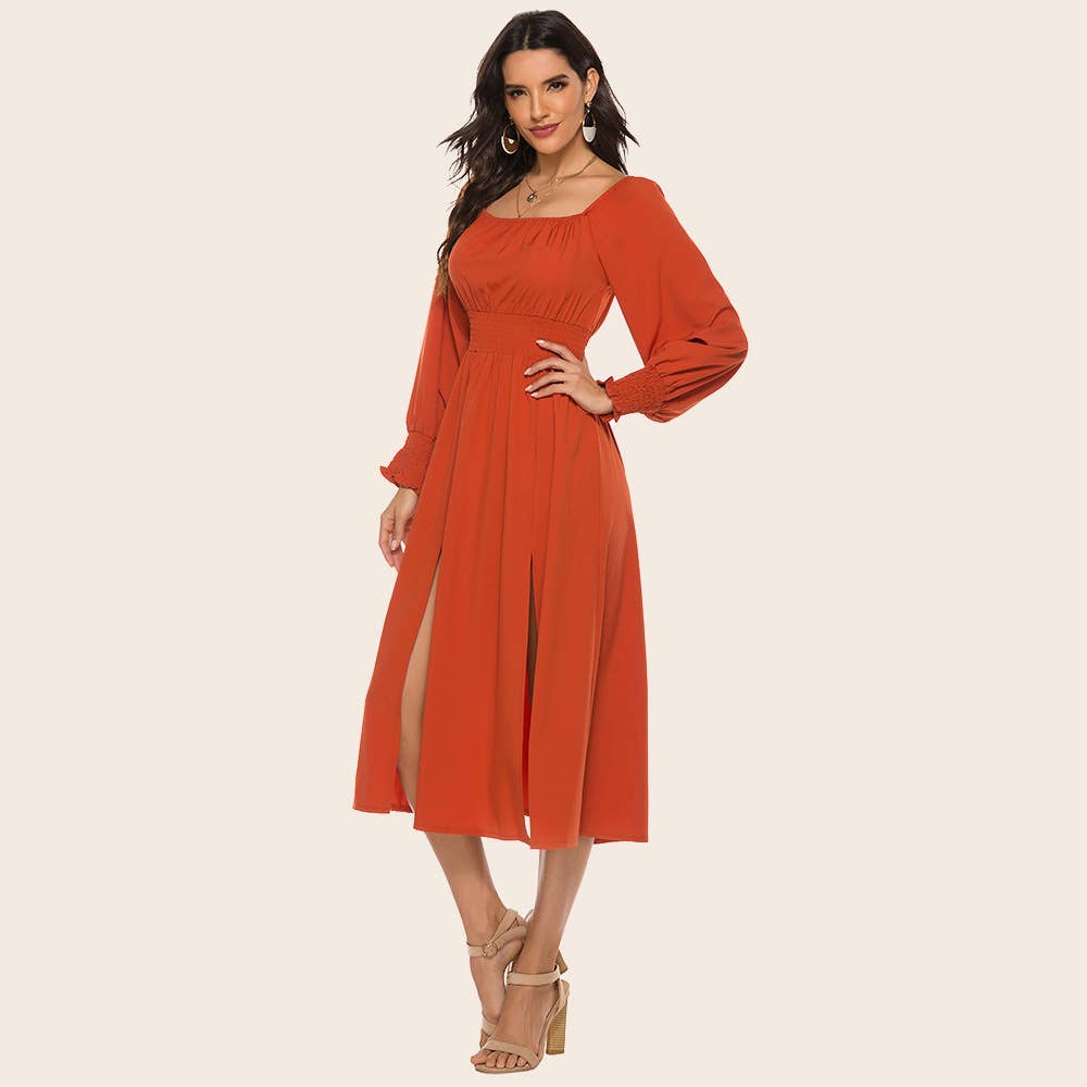 Fashion square collar waist long-sleeved dress