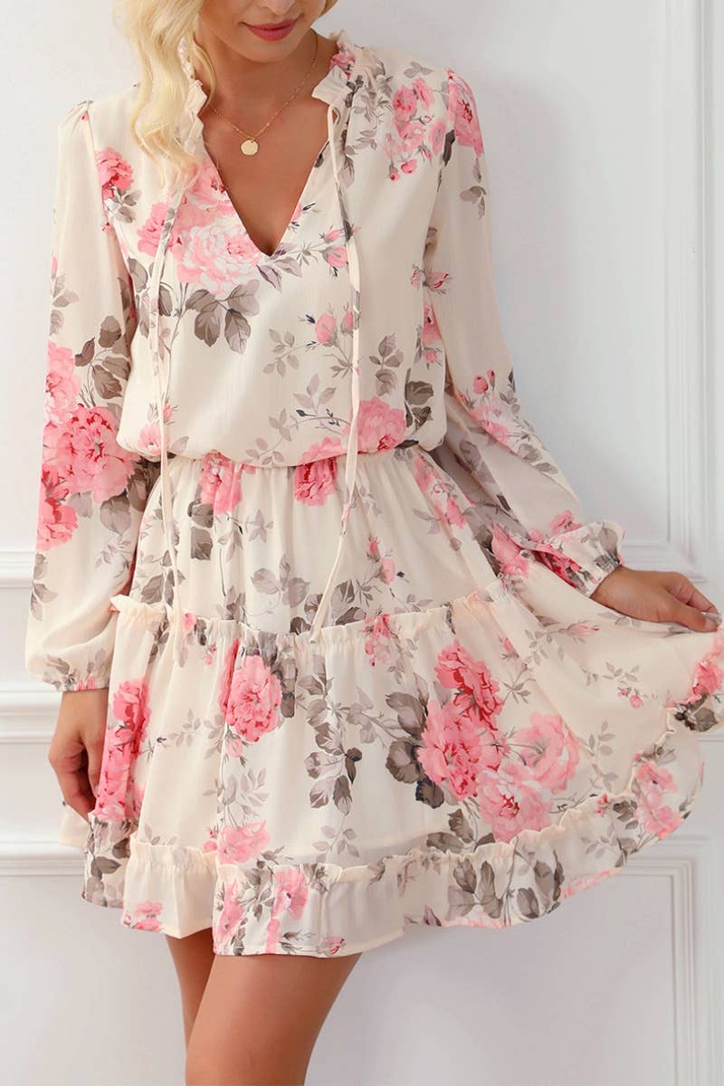 CWDSD5386_V-NECK HIGH-WAISTED LONG-SLEEVED DRESS SHORT