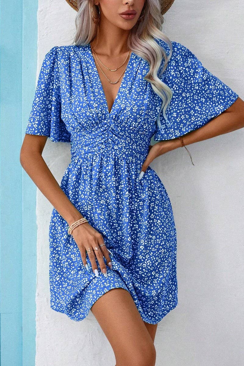 CWDSD7524_SUMMER V-NECK HIGH WAIST FLORAL PLEATED DRESS