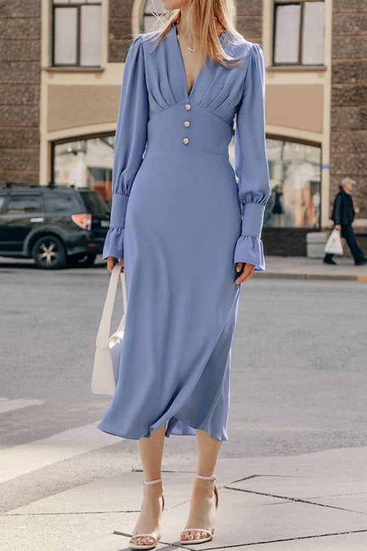 CWDMD4260_LANTERN SLEEVE V-NECK RETRO SLIM DRESS