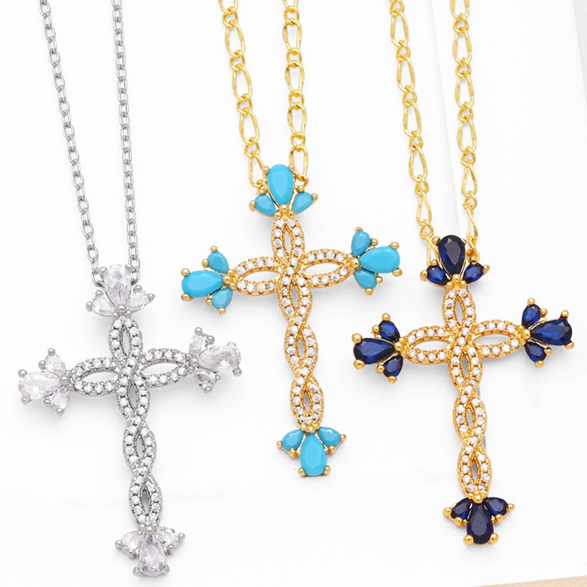 COLORED ZIRCON CROSS PENDANT NECKLACE