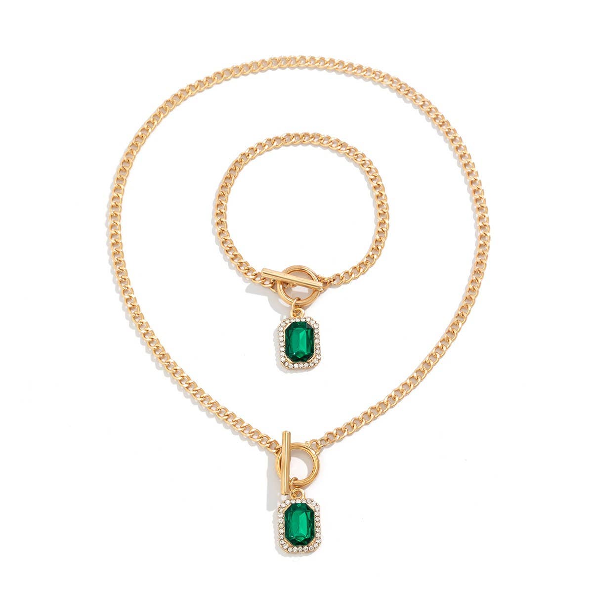 SIMPLE GREEN GEMSTONE NECKLACE BRACELET SET_CWAJE1168