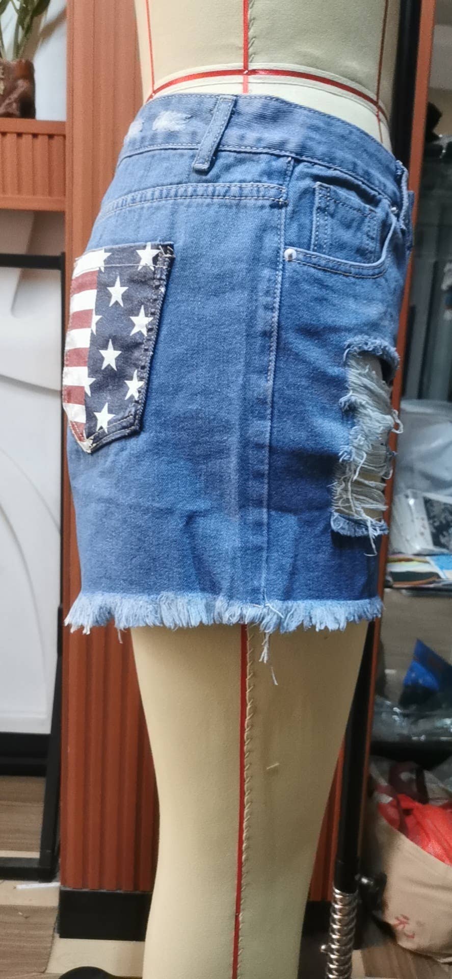 USA Flag Print Distressed Button Fly Denim Shorts
