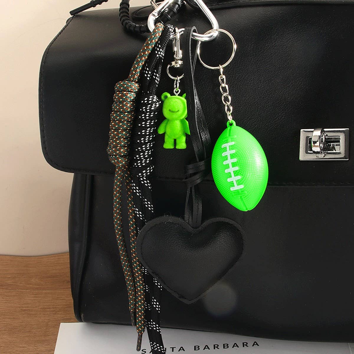 Black PU Heart Frog & Mini Football Keychain_CWMM7759