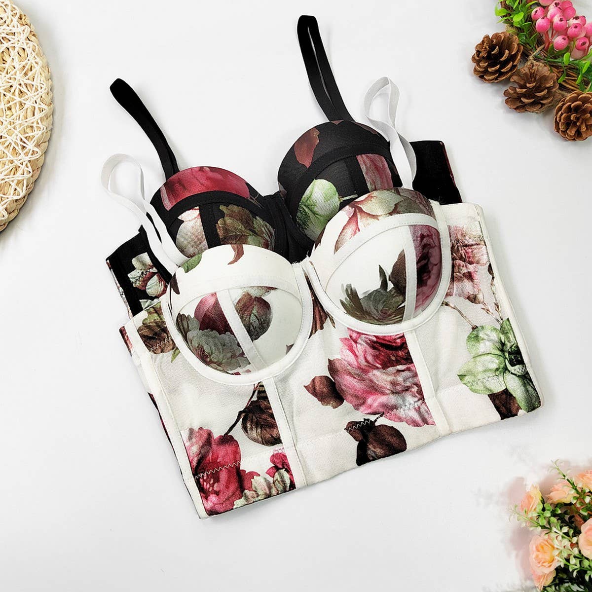 MESH FLOWER HERRINGBONE BRA WITH CHEST PADS