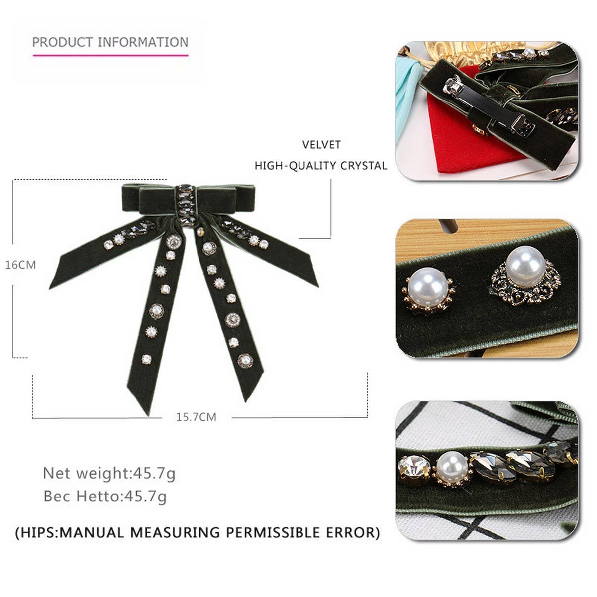 VELVET BOW PERSONALIZED DIAMOND PEARL HAIRPIN