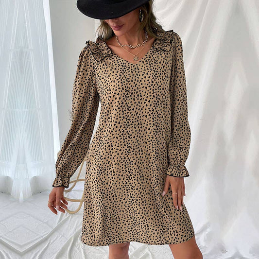 V-NECK LEOPARD PRINT DRESS WITH LOTUS SLEEVES