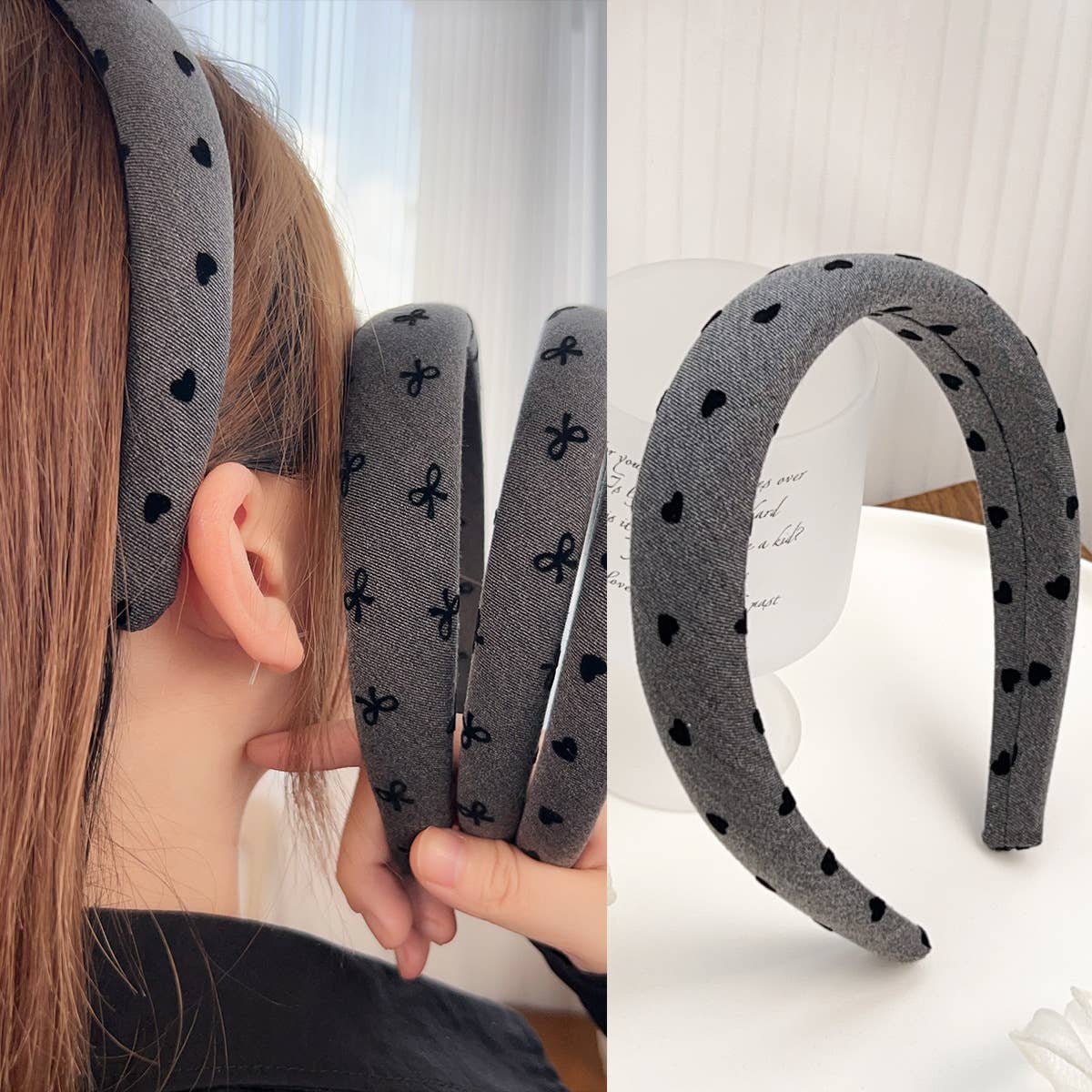 French bow denim style pleated fabric hair band