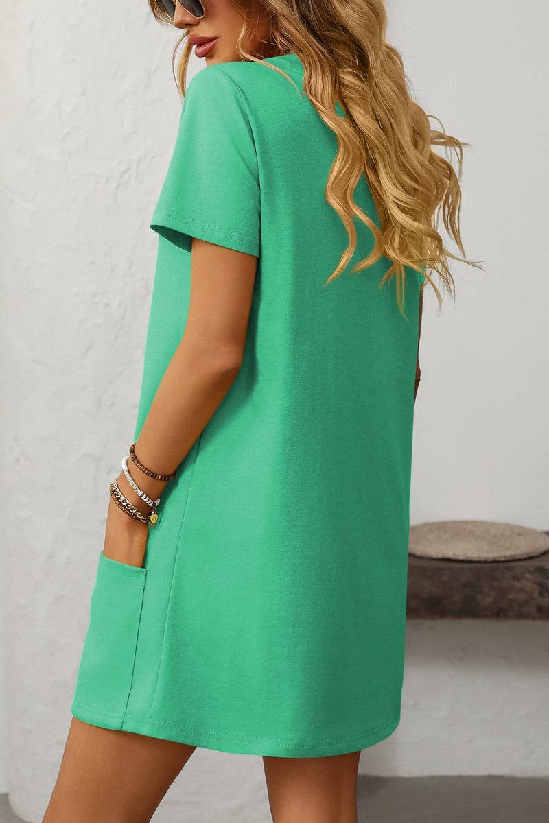 CWDSD7257_SOLID COLOR SQUARE NECK POCKET SHORT SLEEVE DRESS