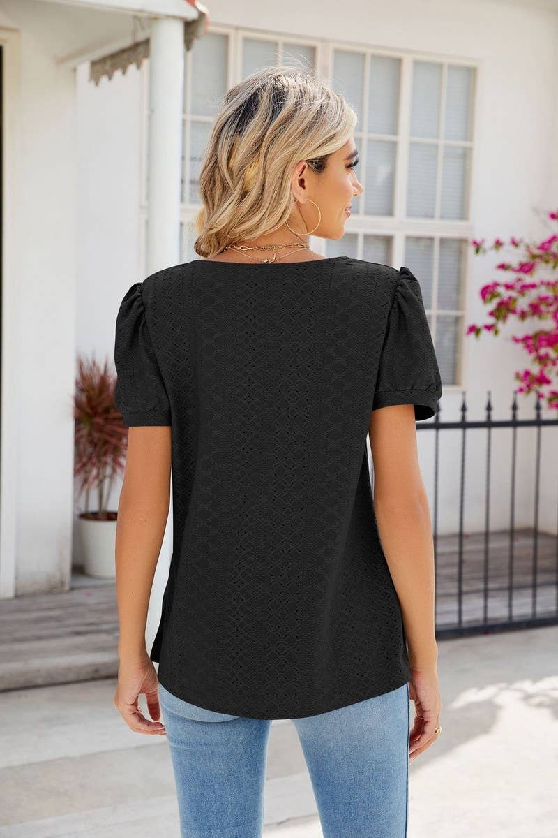 SQUARE COLLAR SPLICING SHORT SLEEVED TOP_CWTSTS0285