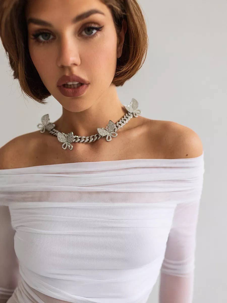 Solid color fit line neck gauze long sleeve top