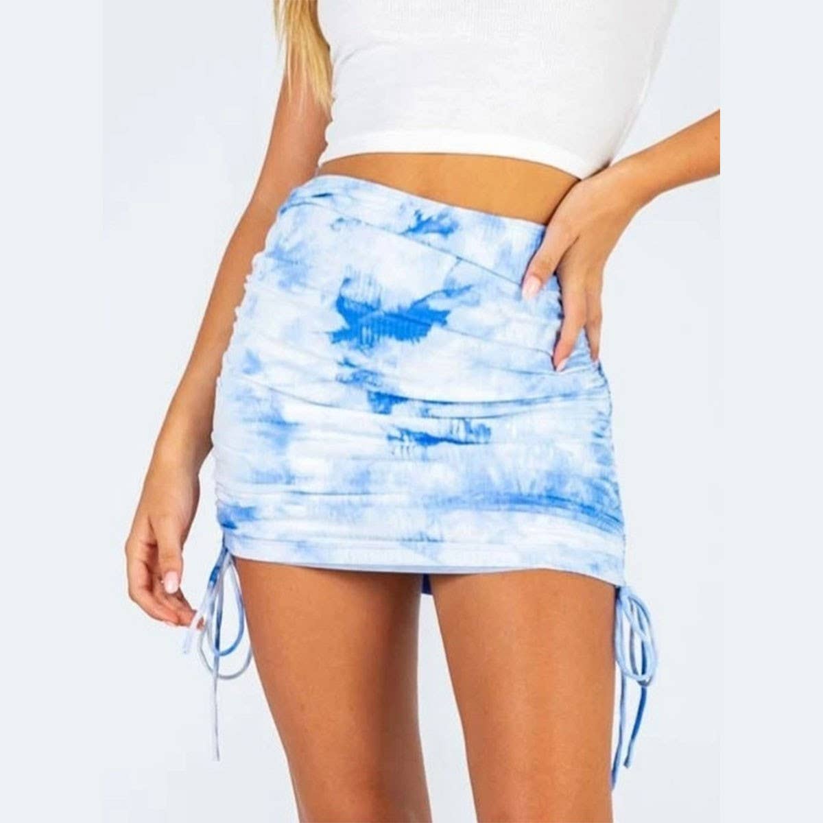 KNITTED DRAWSTRING SKIRT TIE-DYE PLEATED SKIRT