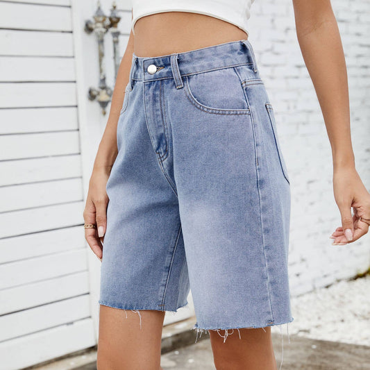 Washed straight leg casual edging denim shorts