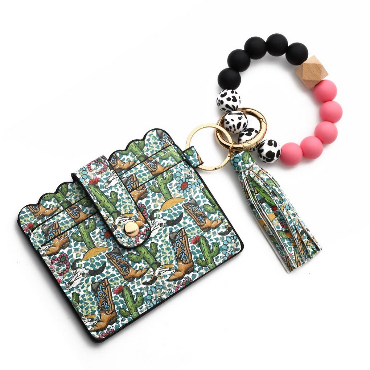 Western Bull Card Wallet with Beaded Keychain_CWAB4948