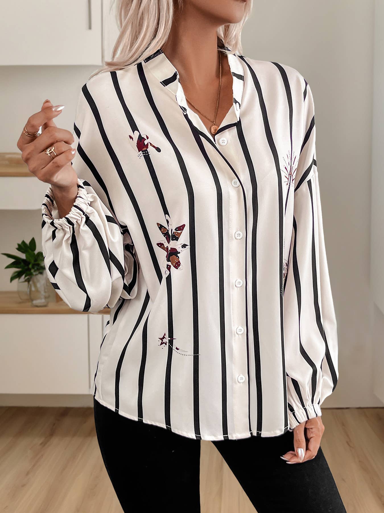 Stand-up collar long-sleeved striped shirt