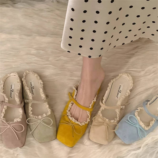 Elegant Ballet Mule Flats with Bow & Lace