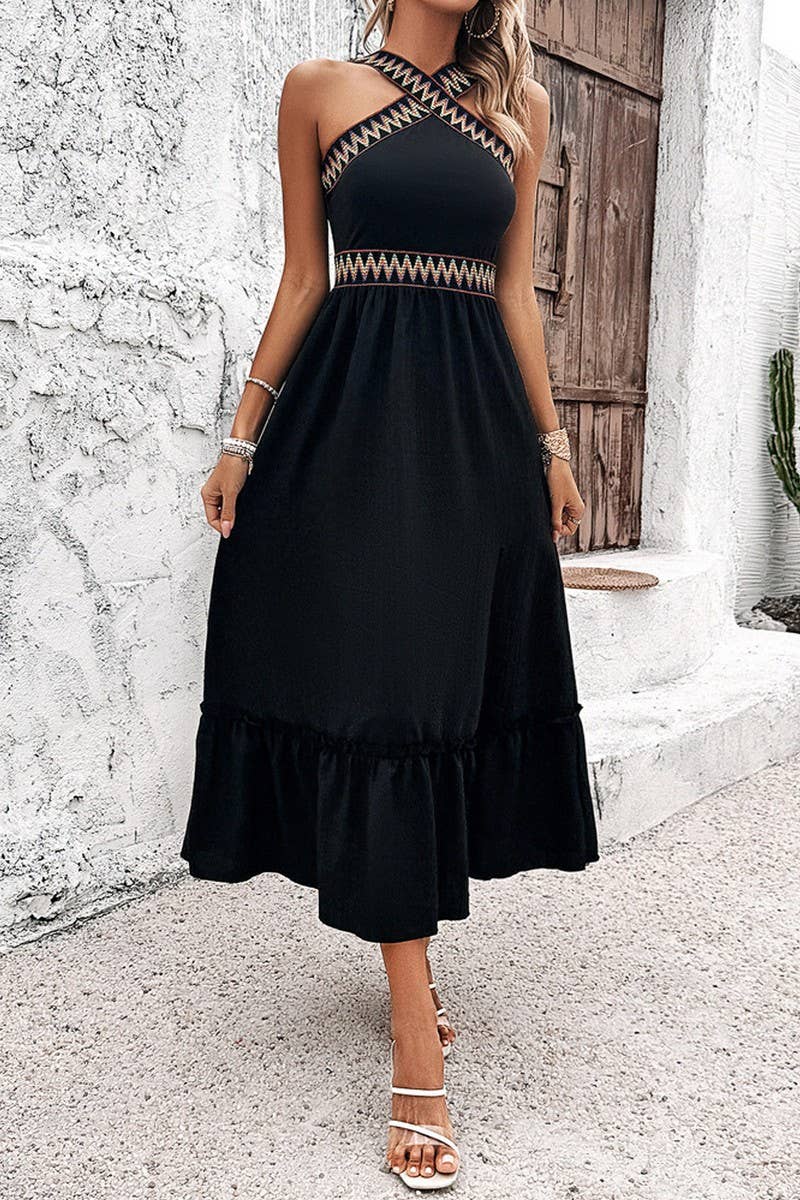 CWDTD0413_HIGH WAIST HALTER NECK CONTRAST COLOR SLIT DRESS