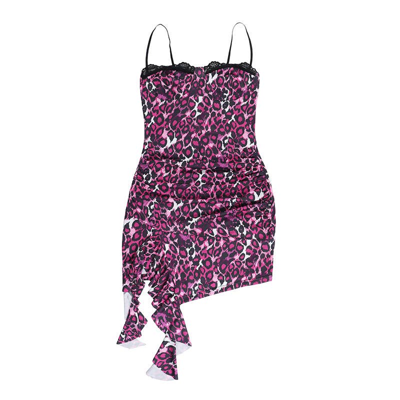 Lace-trimmed slit leopard print halter dress