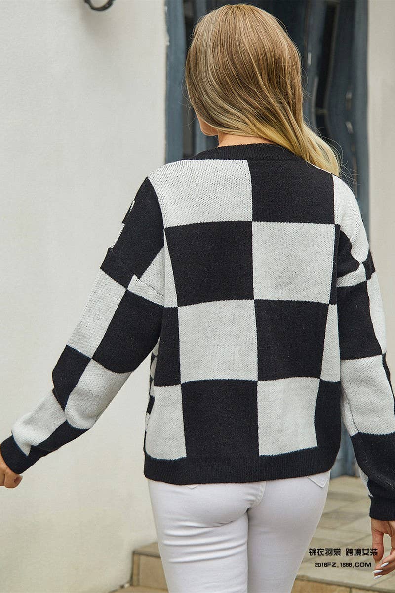 CWOCAL0925_PLAID PATCHWORK V-NECK SWEATER KNITTED JACKET