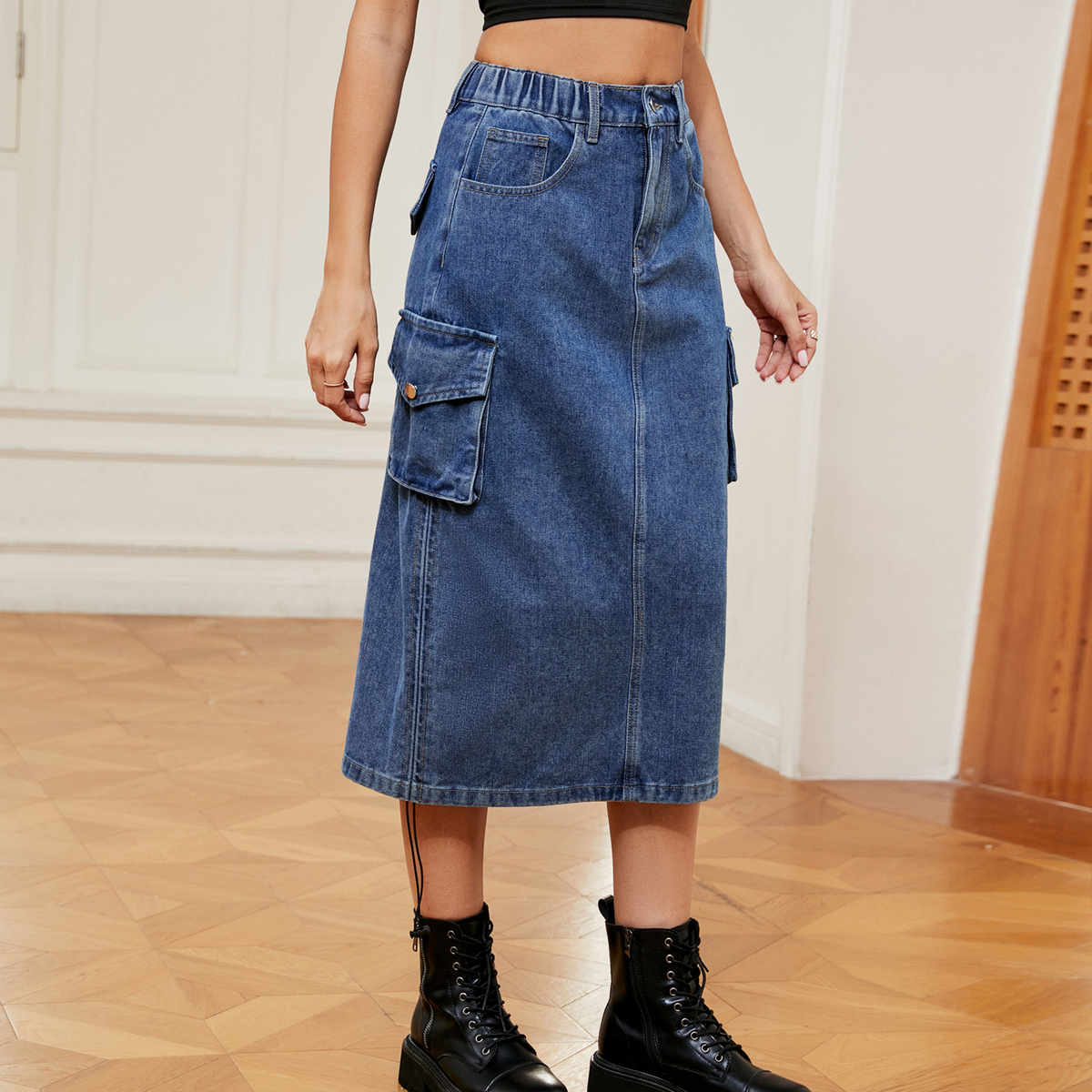 Women??¢s Denim Utility Midi Skirt Casual Streetwear_CWJSK0193