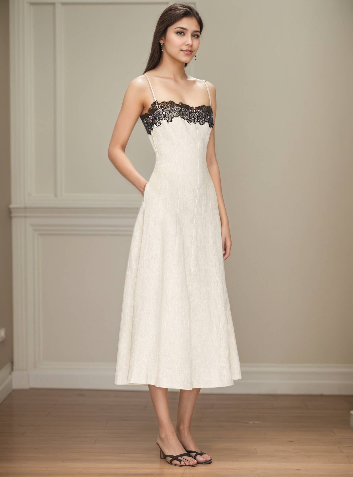 Stylish lace color off-the-shoulder halter dress