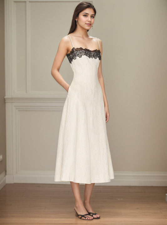 Stylish lace color off-the-shoulder halter dress