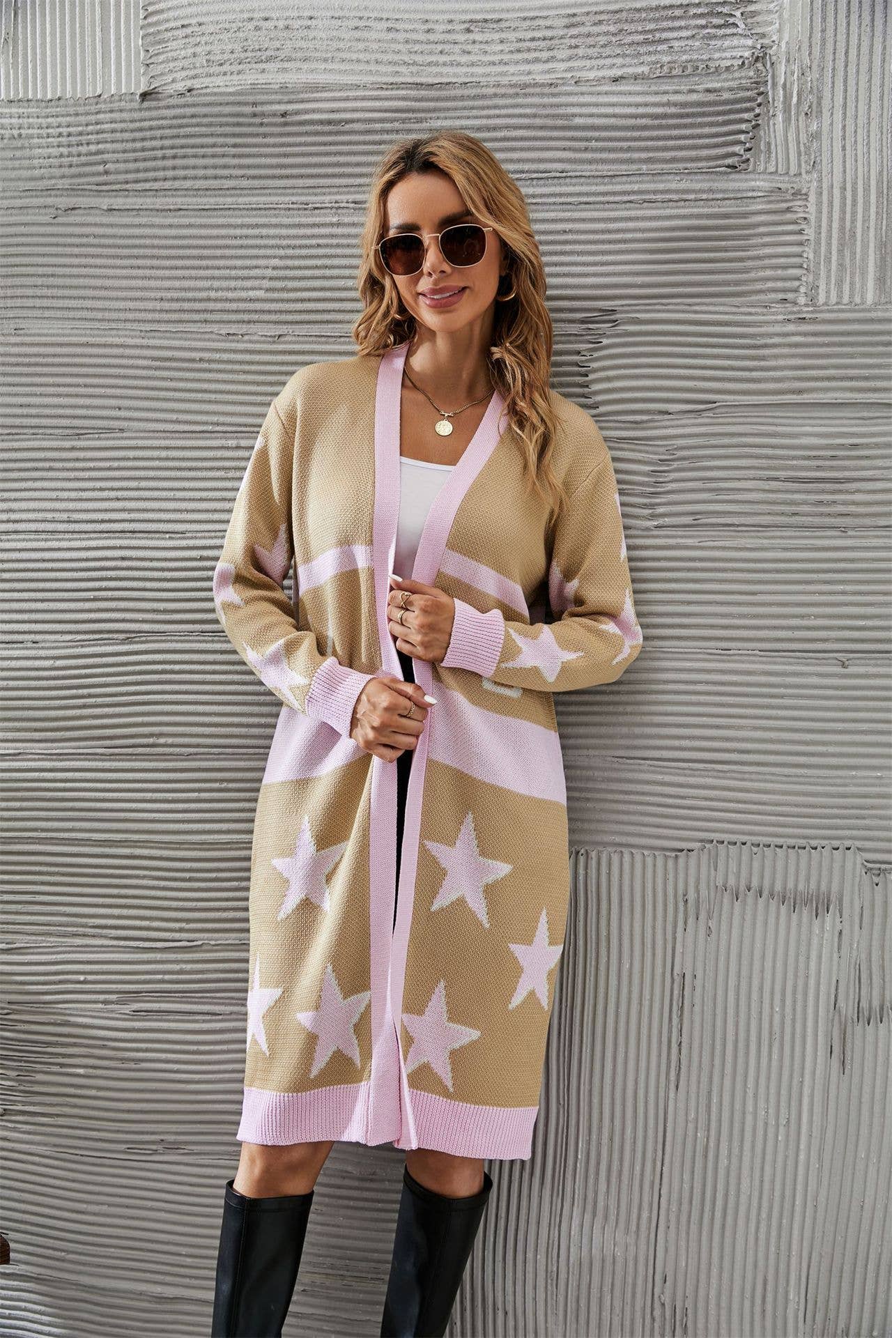 Five-pointed star long printed knitted coat for women