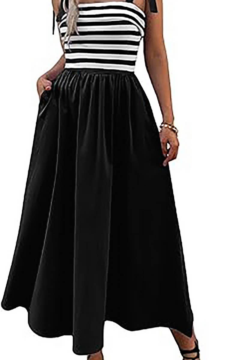 CWDMD5701_SLEEVELESS TIE POCKET STRIPED BEACH DRESS