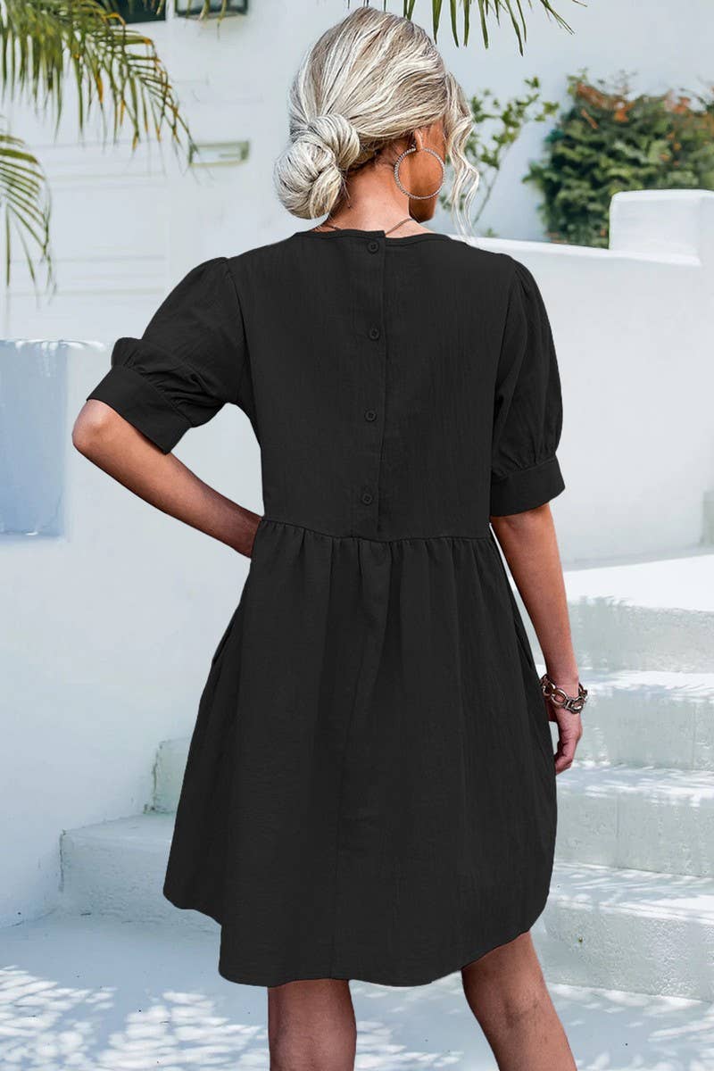 ROUND NECK BUTTON DOWN BUBBLE SLEEVE DRESS_CWDSD2627
