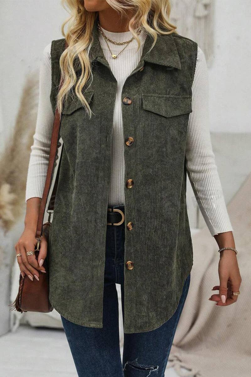 FLAP DETAILS BUTTON FRONT CORDUROY VEST COAT