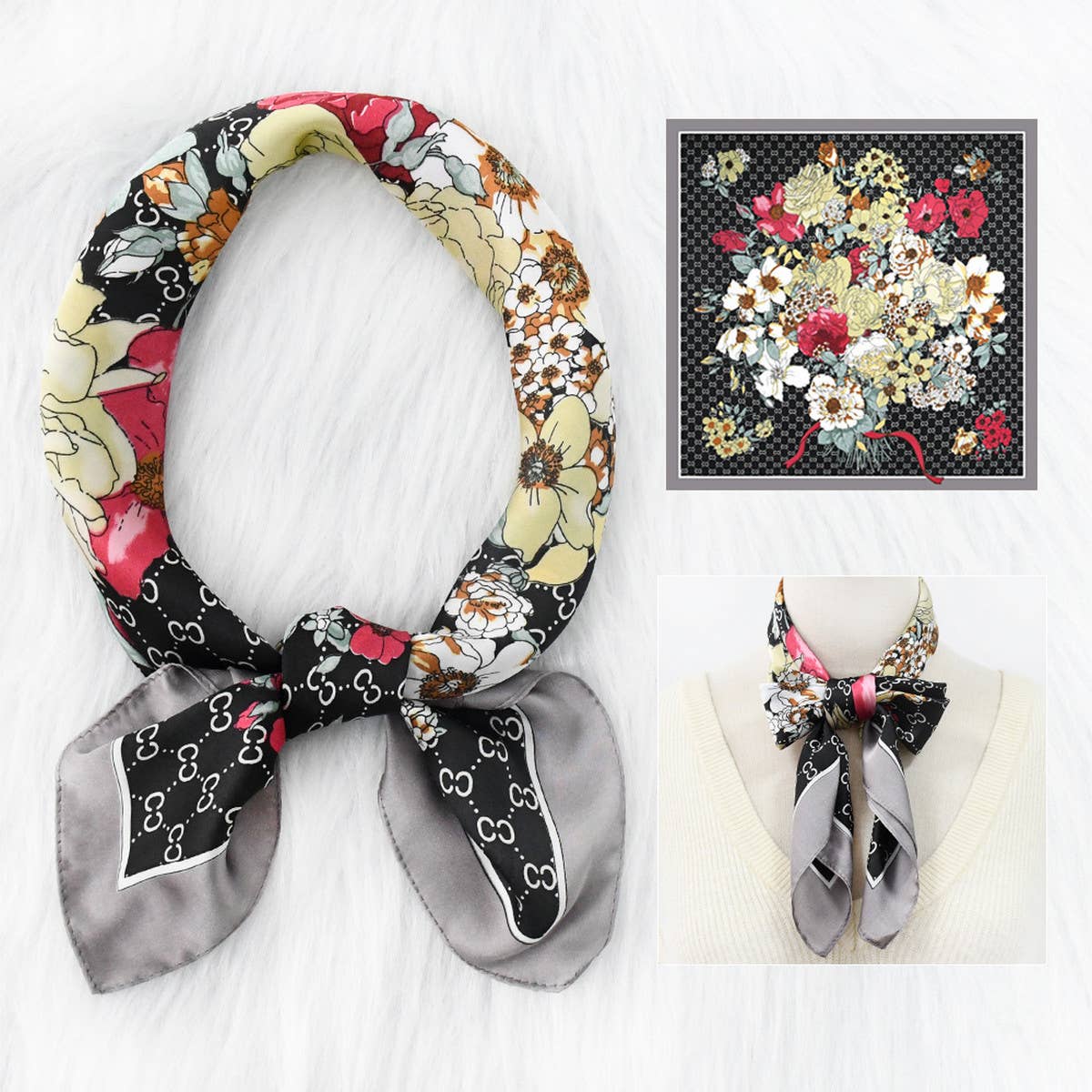 70cm Floral Satin Square Scarf for Work & Sun_CWASC1172