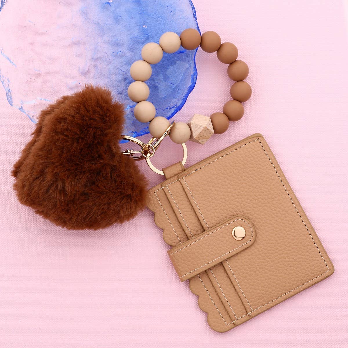 Heart Fur Ball Keychain Wallet with Bead Bracelet_CUAB00448