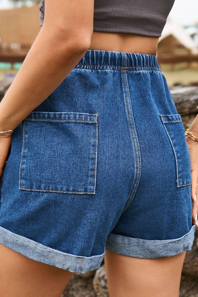 CWJS00039_ELASTIC WAIST CASUAL ROLLED-UP DENIM SHORTS